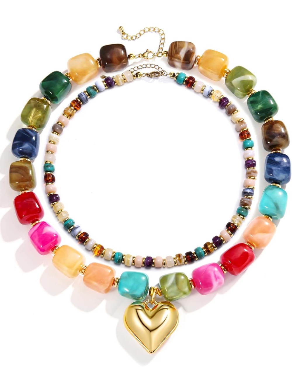 Anthropologie Multicolor Beaded Necklace with Gold Heart Pendant